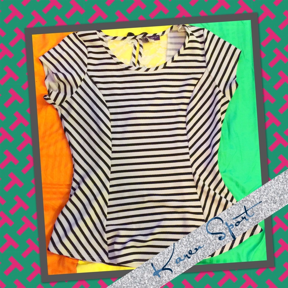 Karen sport black white striped peplum top w bows!